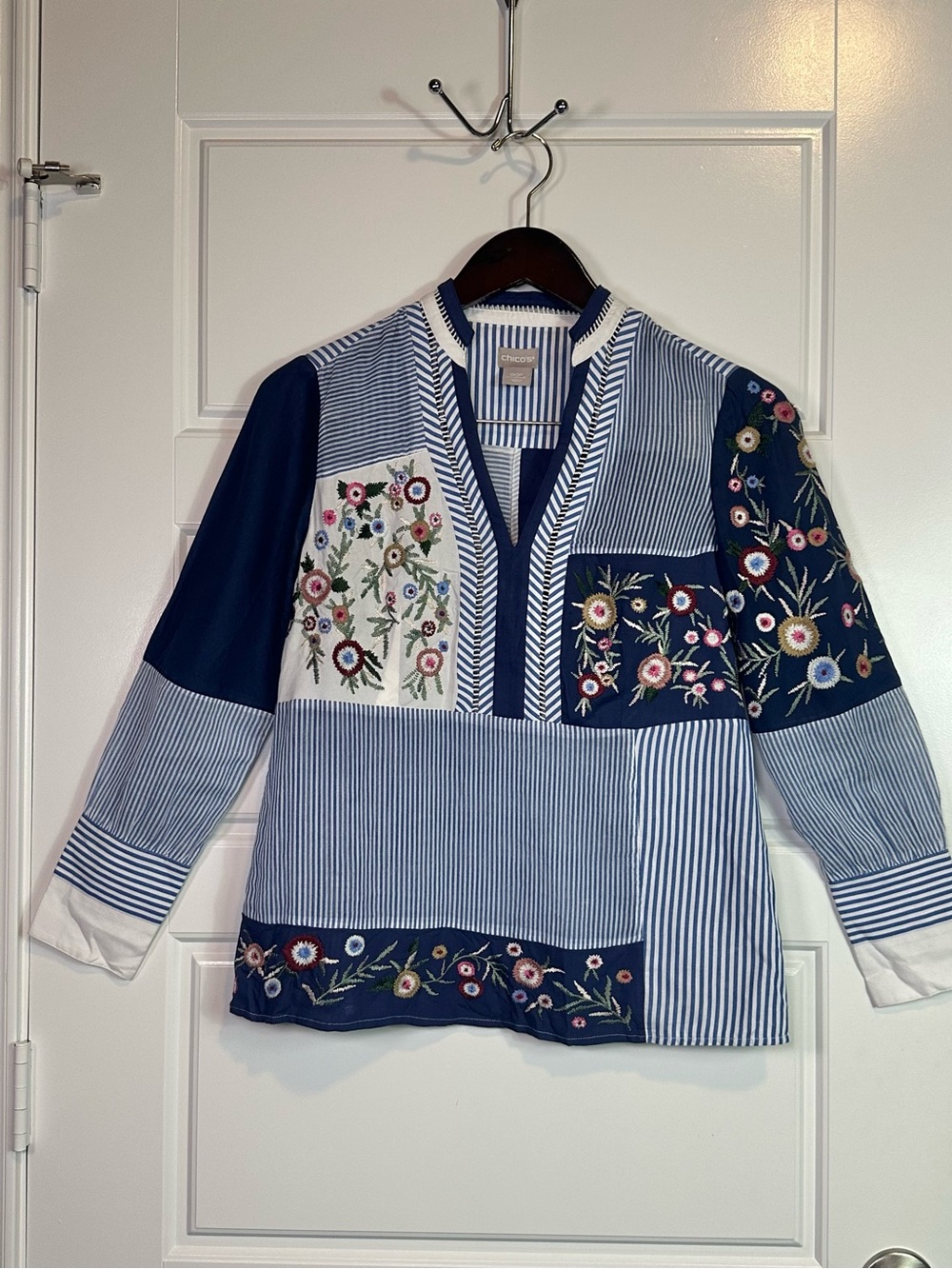 Chico’s Embroidered Floral Striped Patchwork Boho Peasant Blouse Size 2P - Picture 2 of 11